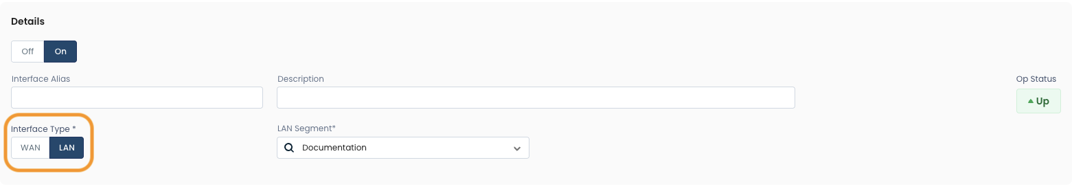 Interface type selection for WAN and LAN in network settings documentation.